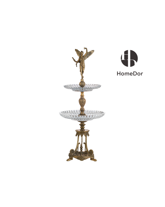 HomeDor Decorative Double-Tier Fruit Platter with Brass Angel Detailing-L29cm × W29cm × H69cm-