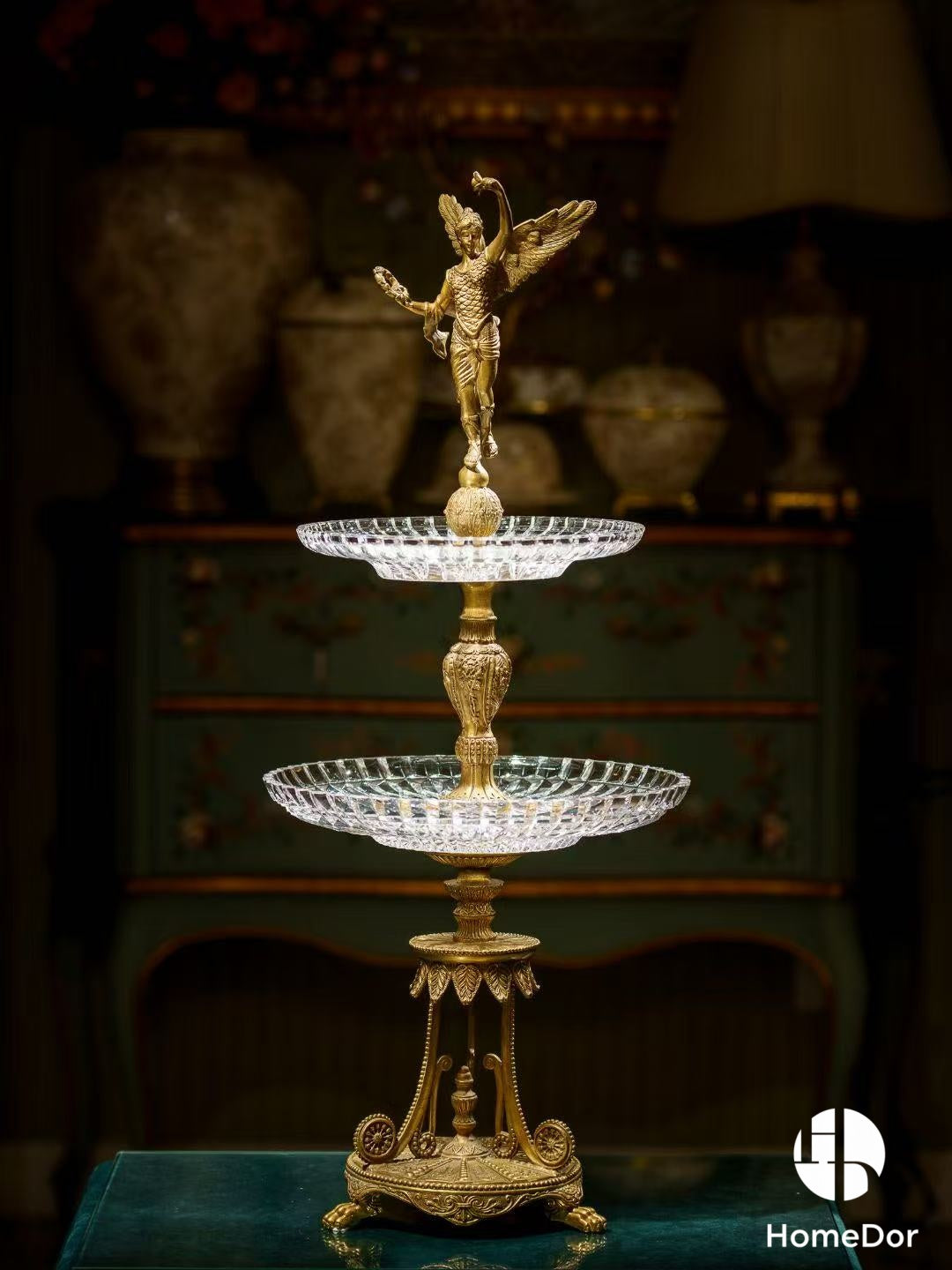 Decorative Double-Tier Fruit Platter with Brass Angel Detailing
2