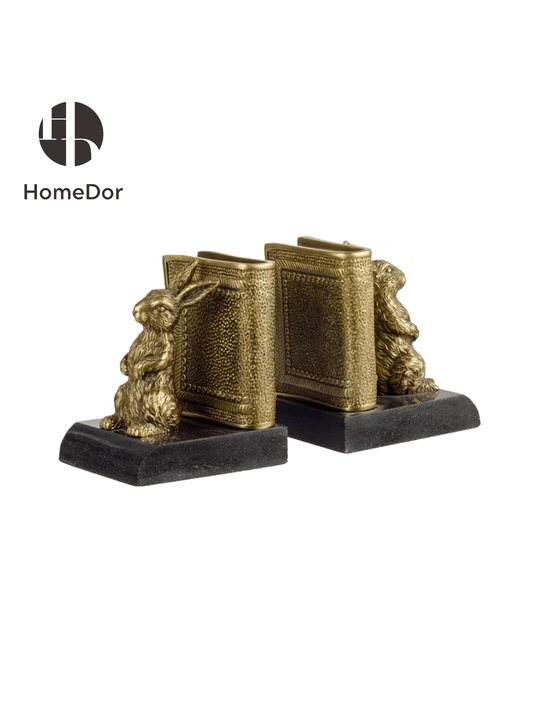 Delicate Brass Rabbit Bookend Pair with Black Base
