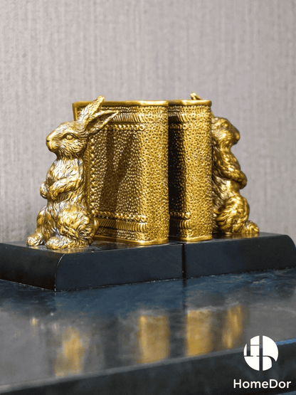 Delicate Brass Rabbit Bookend Pair with Black Base2