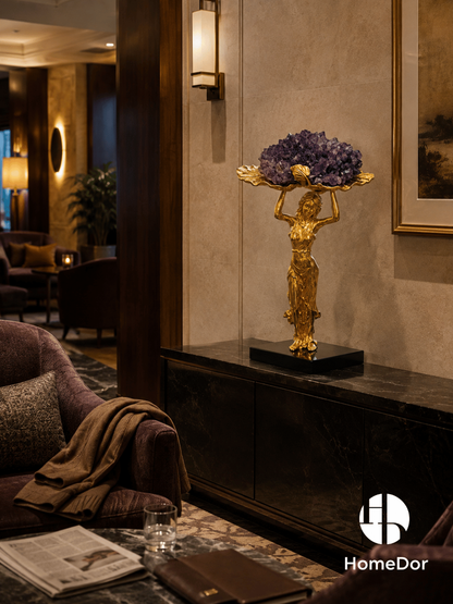 Neoclassical Gilded Goddess Amethyst Cluster Tabletop Sculpture