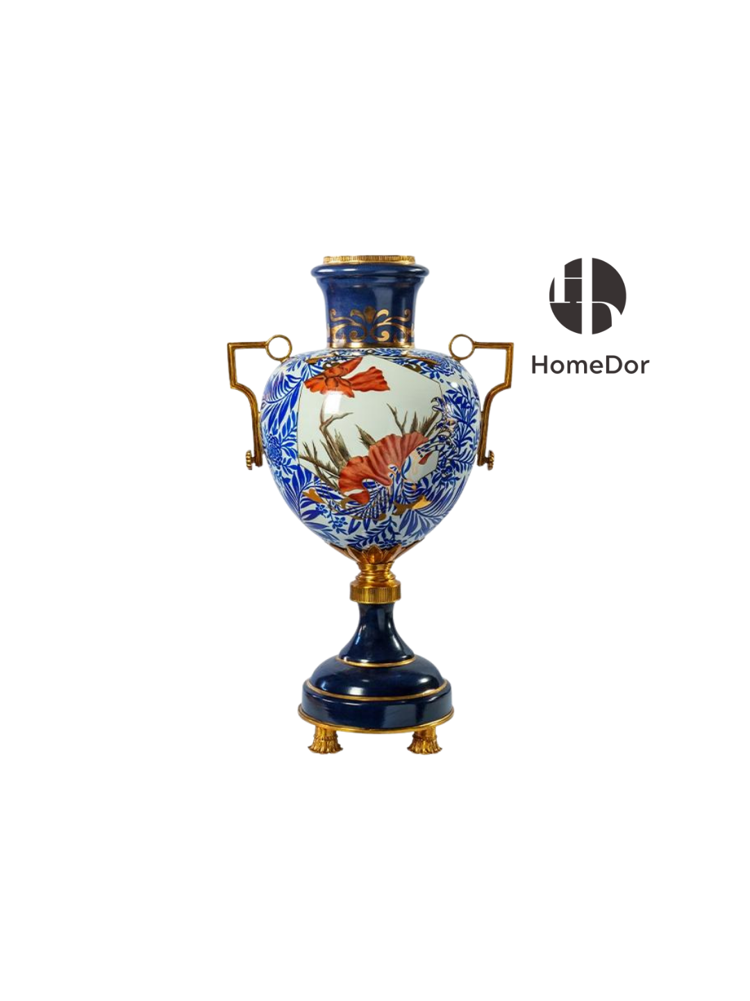 Elegant Blue Porcelain Floral Brass Accent Vase