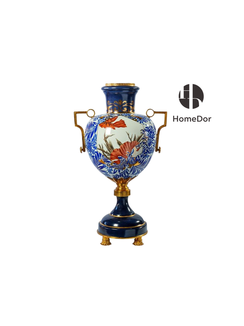 Elegant Blue Porcelain Floral Brass Accent Vase