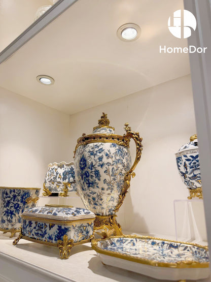 HomeDor Chinoiserie - Juego de decoración dorado con mariposas azules y blancas
