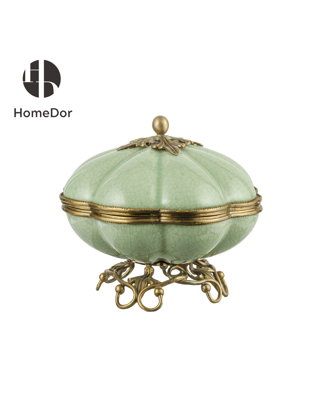 Elegant Celadon Porcelain Circular Eight Petaline Lidded Box/Canister with Elaborate Brass Stand