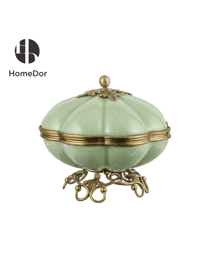 Elegant Celadon Porcelain Circular Eight Petaline Lidded Box/Canister with Elaborate Brass Stand