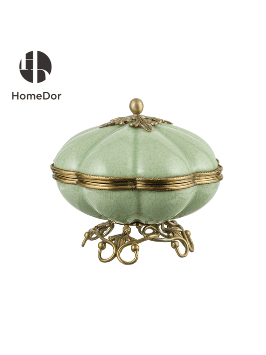 Elegant Celadon Porcelain Circular Eight Petaline Lidded Box/Canister with Elaborate Brass Stand