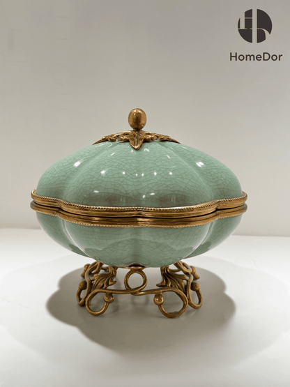 Elegant Celadon Porcelain Circular Eight Petaline Lidded Box/Canister with Elaborate Brass Stand2