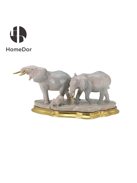 Elegant Ceramic Elephant Family Figurine/Table Decor With Brass Base