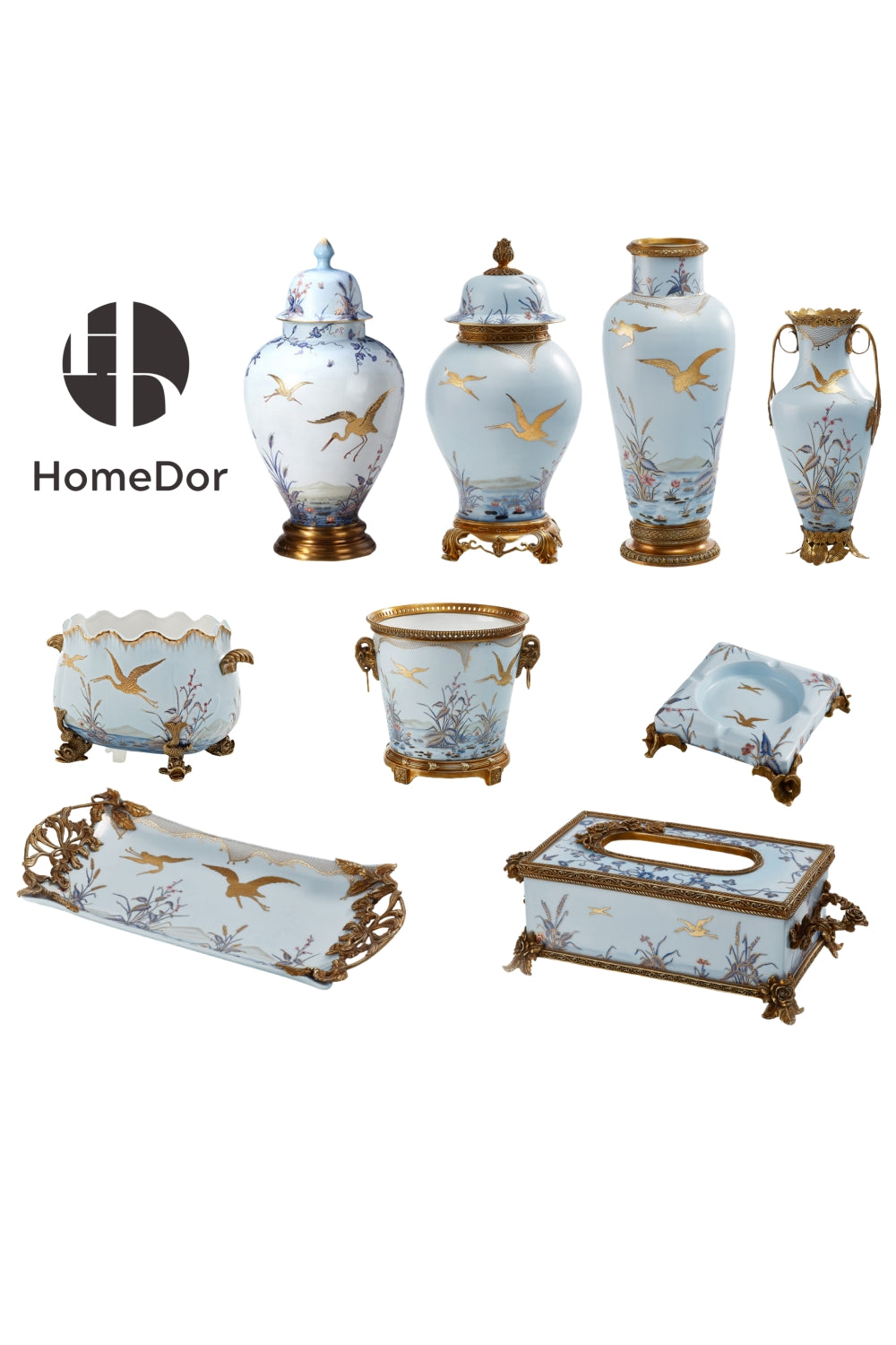 Elegant European Porcelain Table Decor Set with Gold-painted Crane Motifs