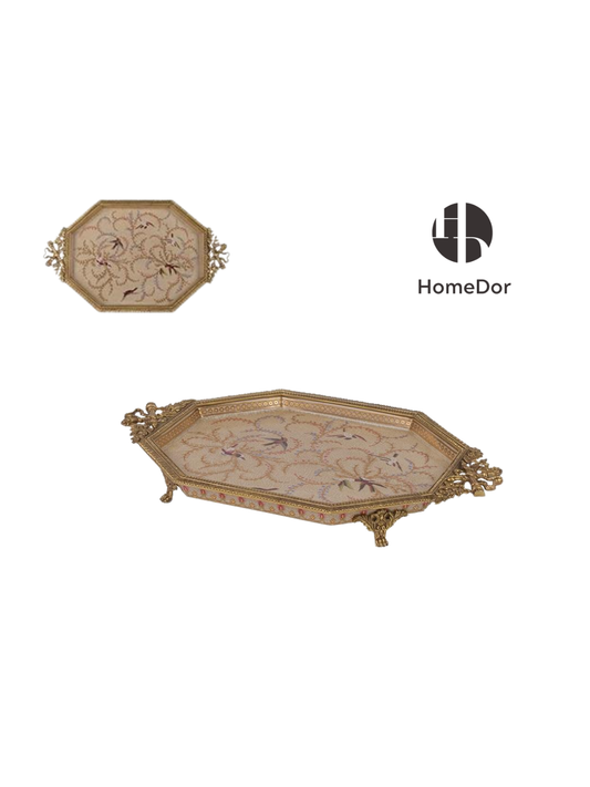 Elegant Floral Bird Porcelain Brass Trimmed Tray