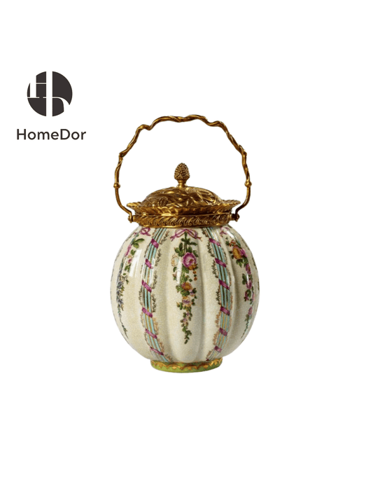 Elegant Floral Porcelain Brass Handled Canister1