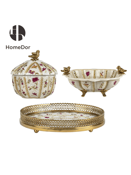 Elegant French Retro Floral Porcelain Decor Set with Delicate Brass Accents