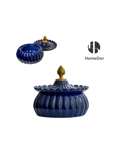 Elegant Hues of European Palaces Gilded Chroma Ribbed Blue Pumpkin Porcelain Jar/Canister