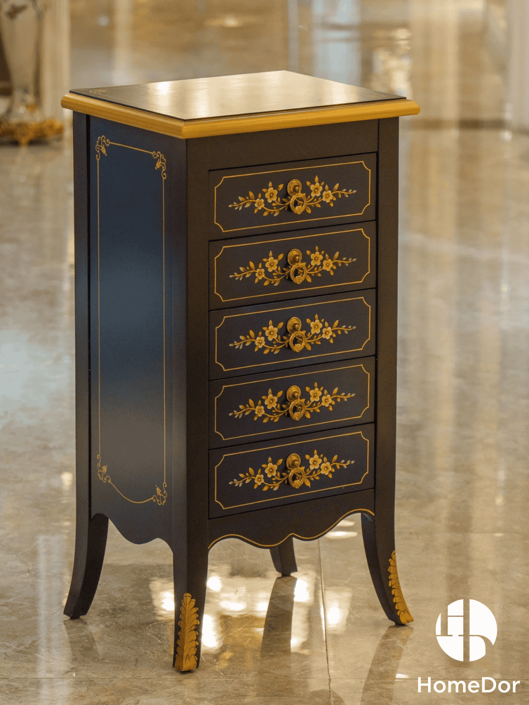 Elegant Navy Blue Five Drawer Jewelry Armoire with Gold Floral Accents
1