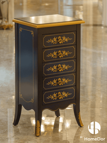 Elegant Navy Blue Five Drawer Jewelry Armoire with Gold Floral Accents
1