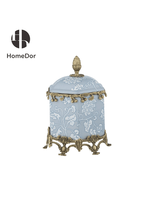 Elegant Pale Blue Blossom Ceramic Brass Decor Jar/Canister1
