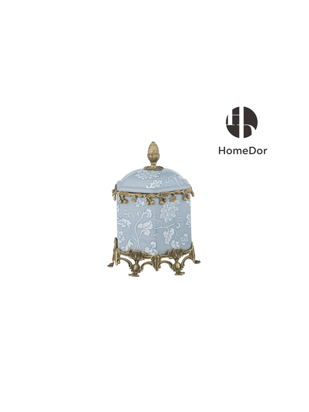 Elegant Pale Blue Blossom Ceramic Brass Decor Jar/Canister