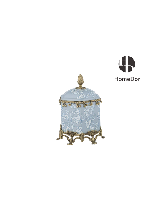 Elegant Pale Blue Blossom Ceramic Brass Decor Jar/Canister