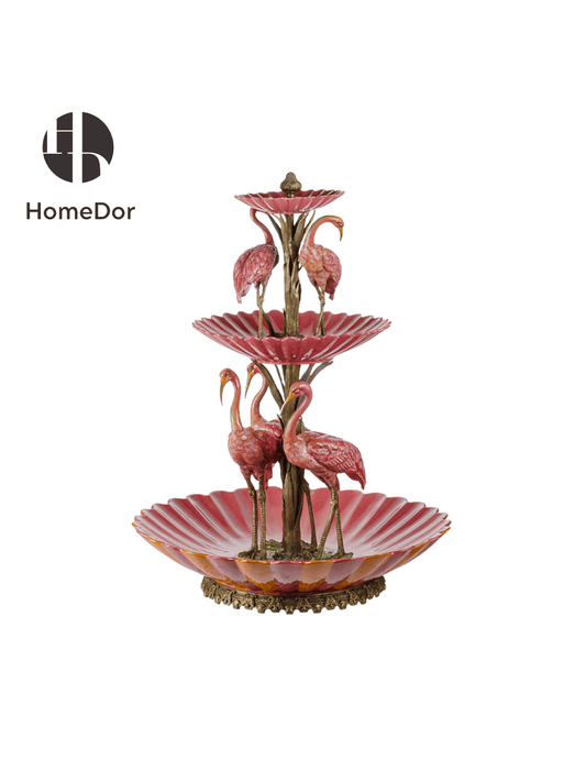 Elegant Pink Flamingos Tiered Porcelain Table Decor with Brass Details