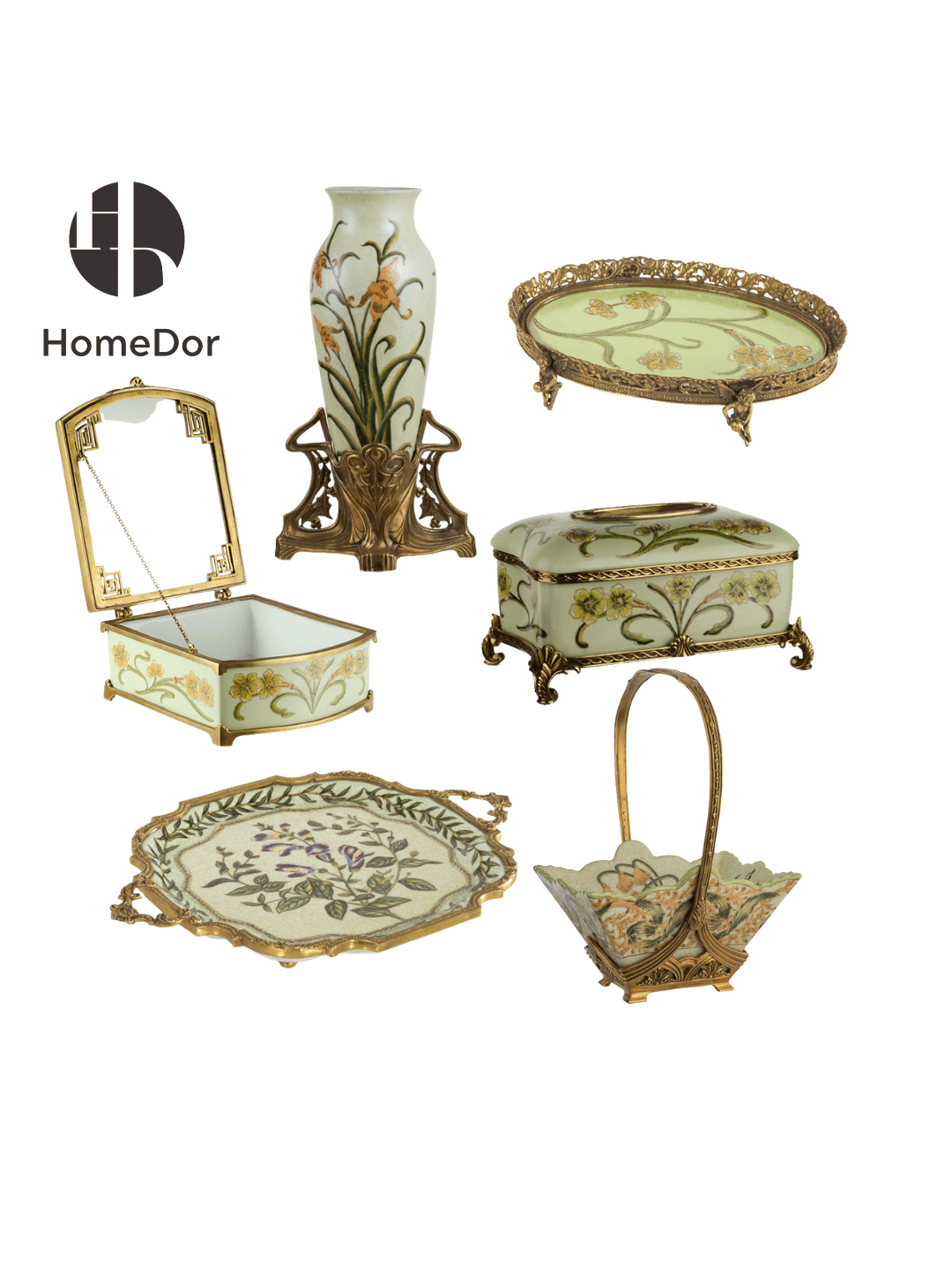 Elegant Pistachio Toned Porcelain Decor Set with Hand Painted Florals & Brass Accents
