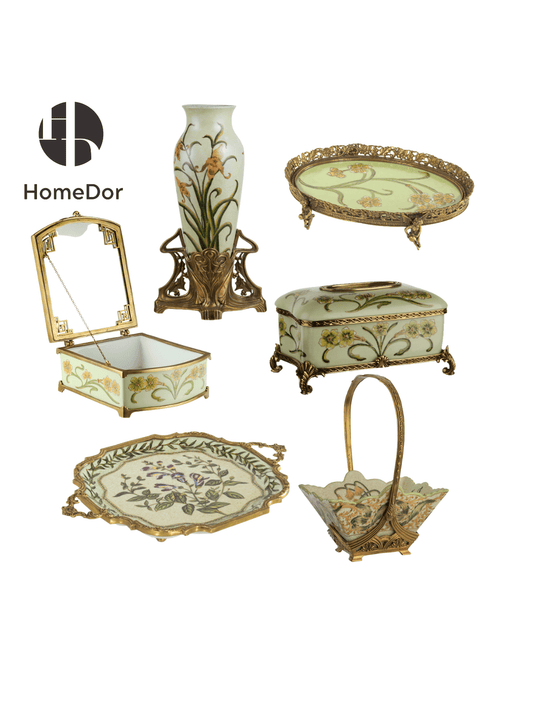 Elegant Pistachio Toned Porcelain Decor Set with Hand Painted Florals & Brass Accents