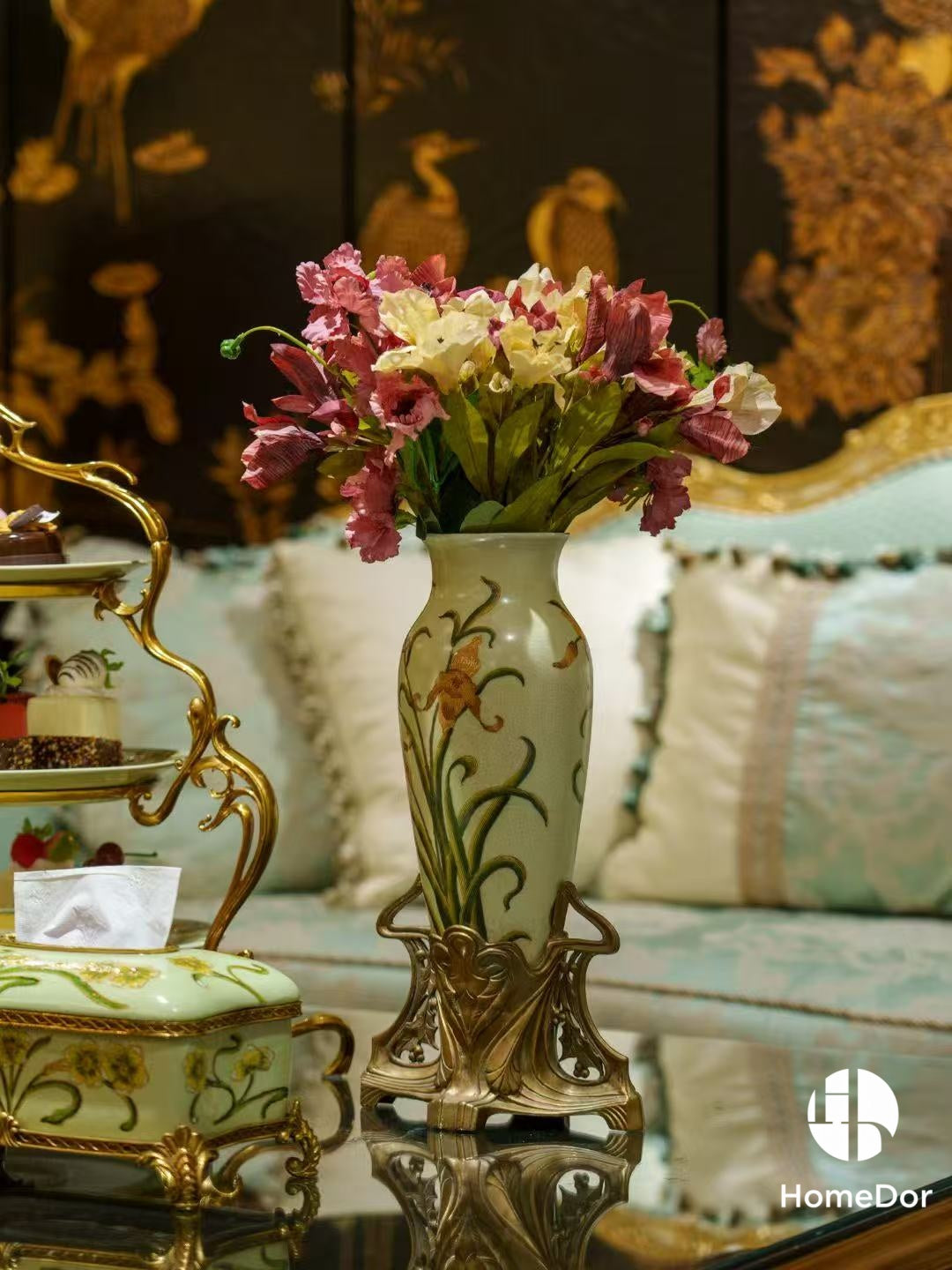 Elegant Pistachio Toned Porcelain Decor Set with Hand Painted Florals & Brass Accents1