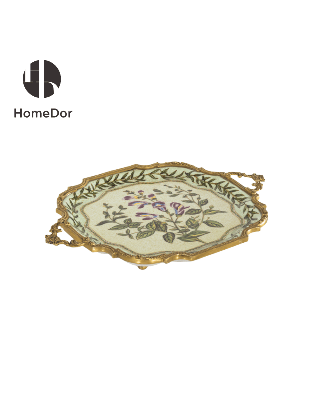 Elegant Pistachio Toned Porcelain Decor Set with Hand Painted Florals & Brass Accents10