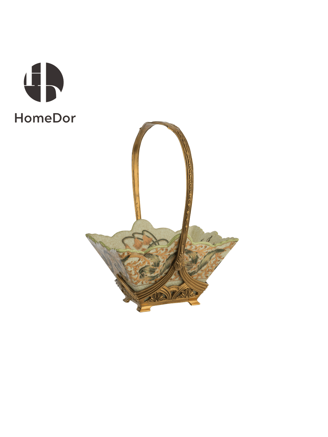 Elegant Pistachio Toned Porcelain Decor Set with Hand Painted Florals & Brass Accents11