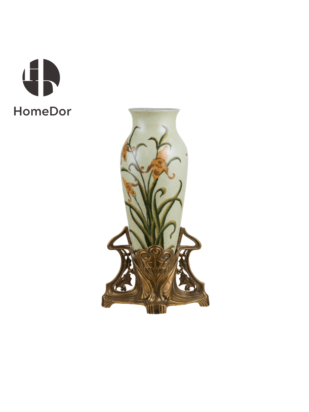 Elegant Pistachio Toned Porcelain Decor Set with Hand Painted Florals & Brass Accents12