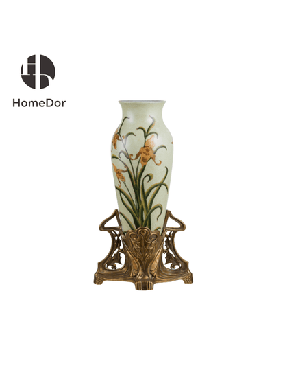 Elegant Pistachio Toned Porcelain Decor Set with Hand Painted Florals & Brass Accents12