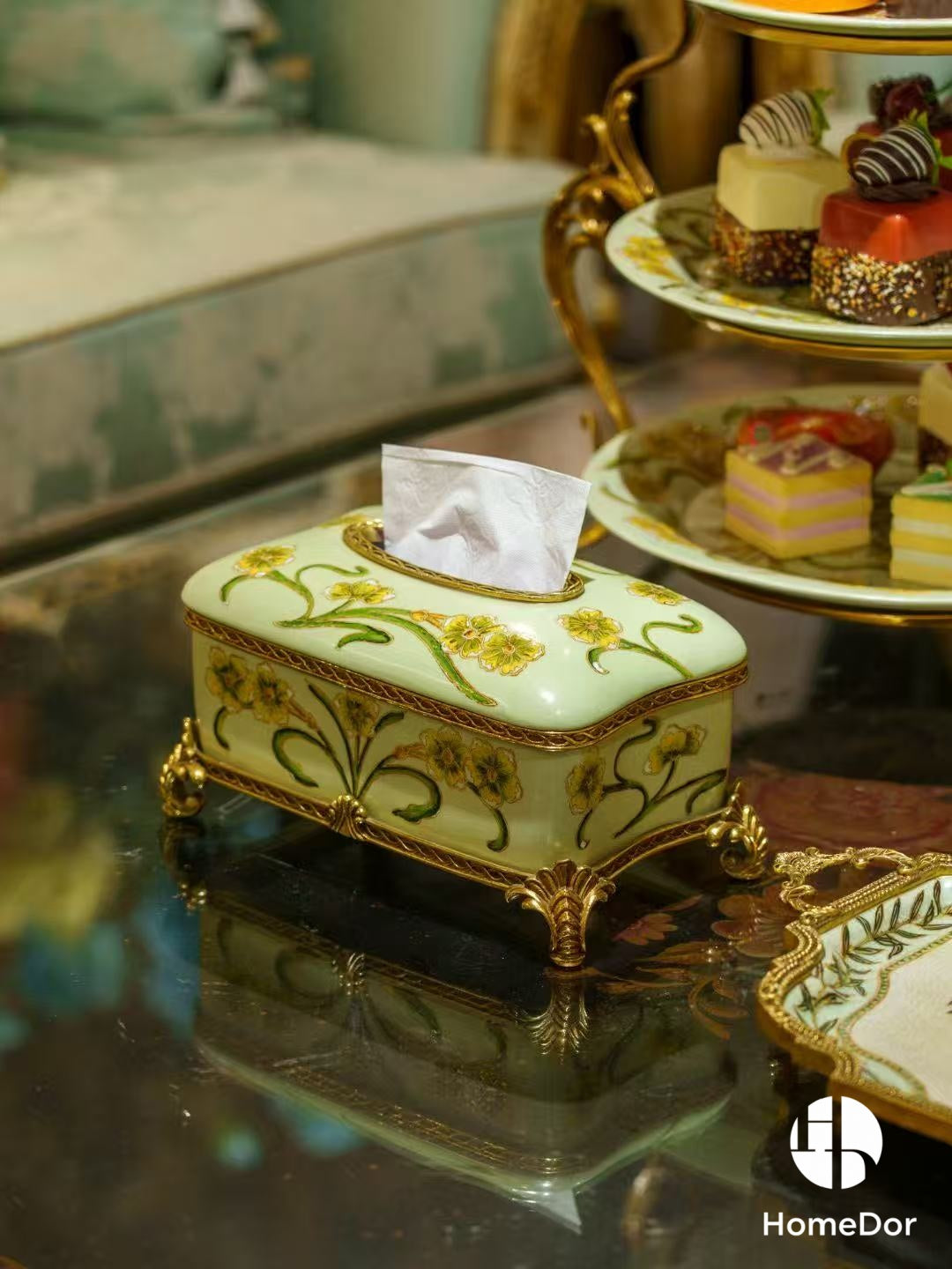 Elegant Pistachio Toned Porcelain Decor Set with Hand Painted Florals & Brass Accents2
