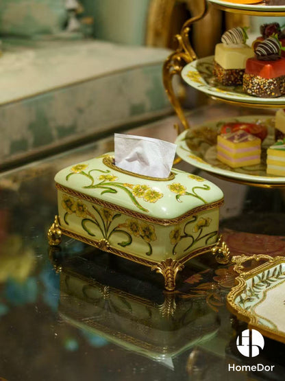 Elegant Pistachio Toned Porcelain Decor Set with Hand Painted Florals & Brass Accents2