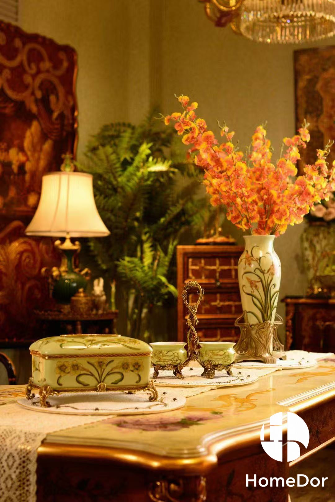 Elegant Pistachio Toned Porcelain Decor Set with Hand Painted Florals & Brass Accents3