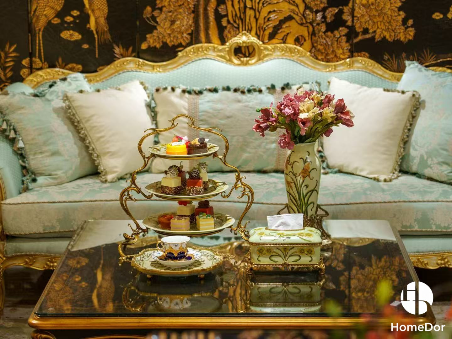 Elegant Pistachio Toned Porcelain Decor Set with Hand Painted Florals & Brass Accents4