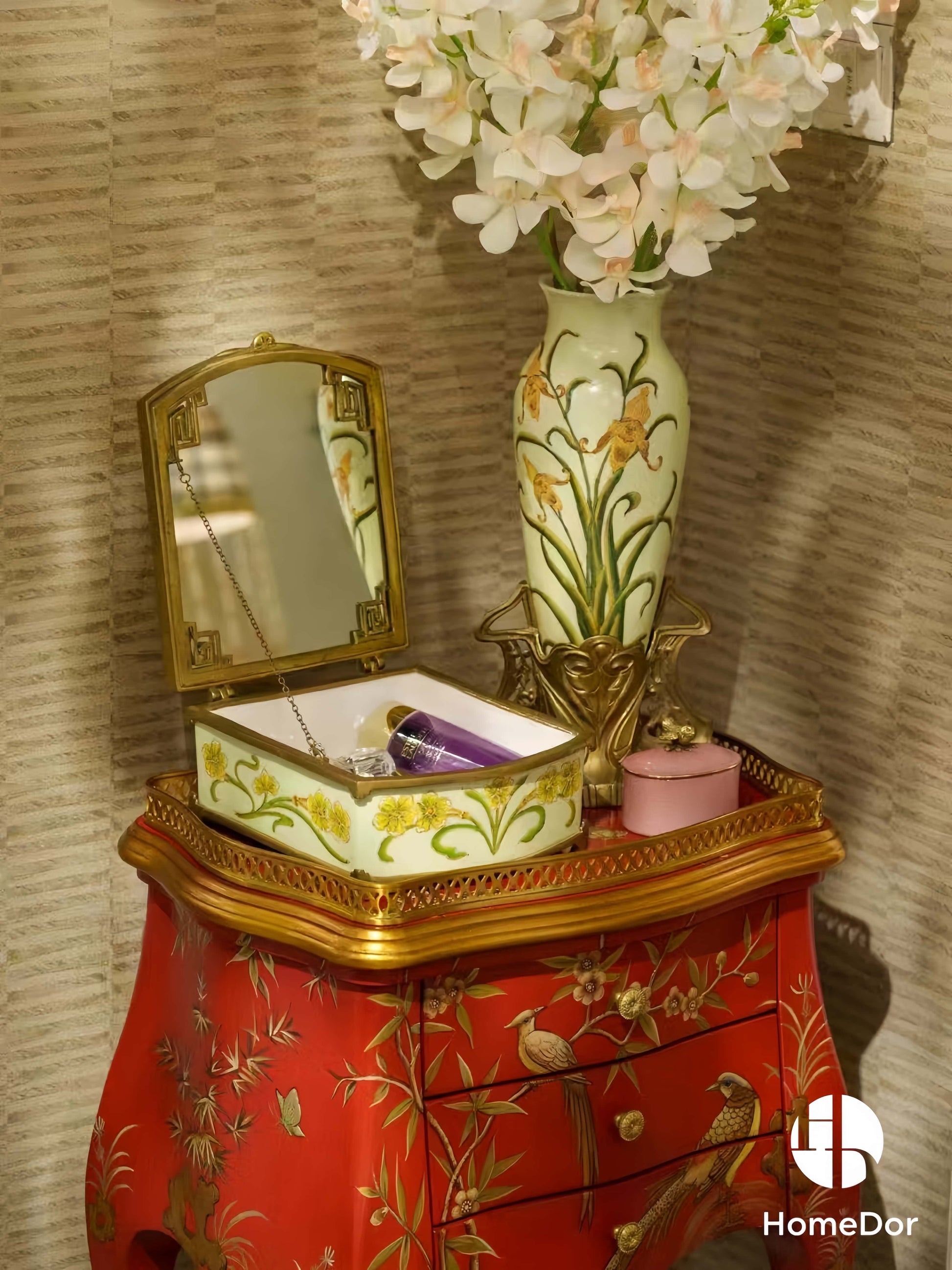 Elegant Pistachio Toned Porcelain Decor Set with Hand Painted Florals & Brass Accents5