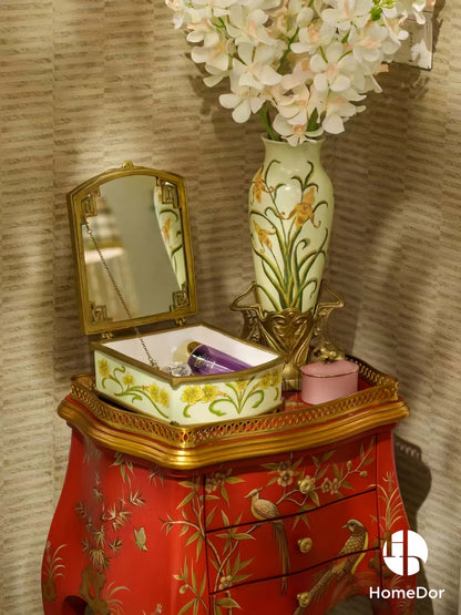 Elegant Pistachio Toned Porcelain Decor Set with Hand Painted Florals & Brass Accents5