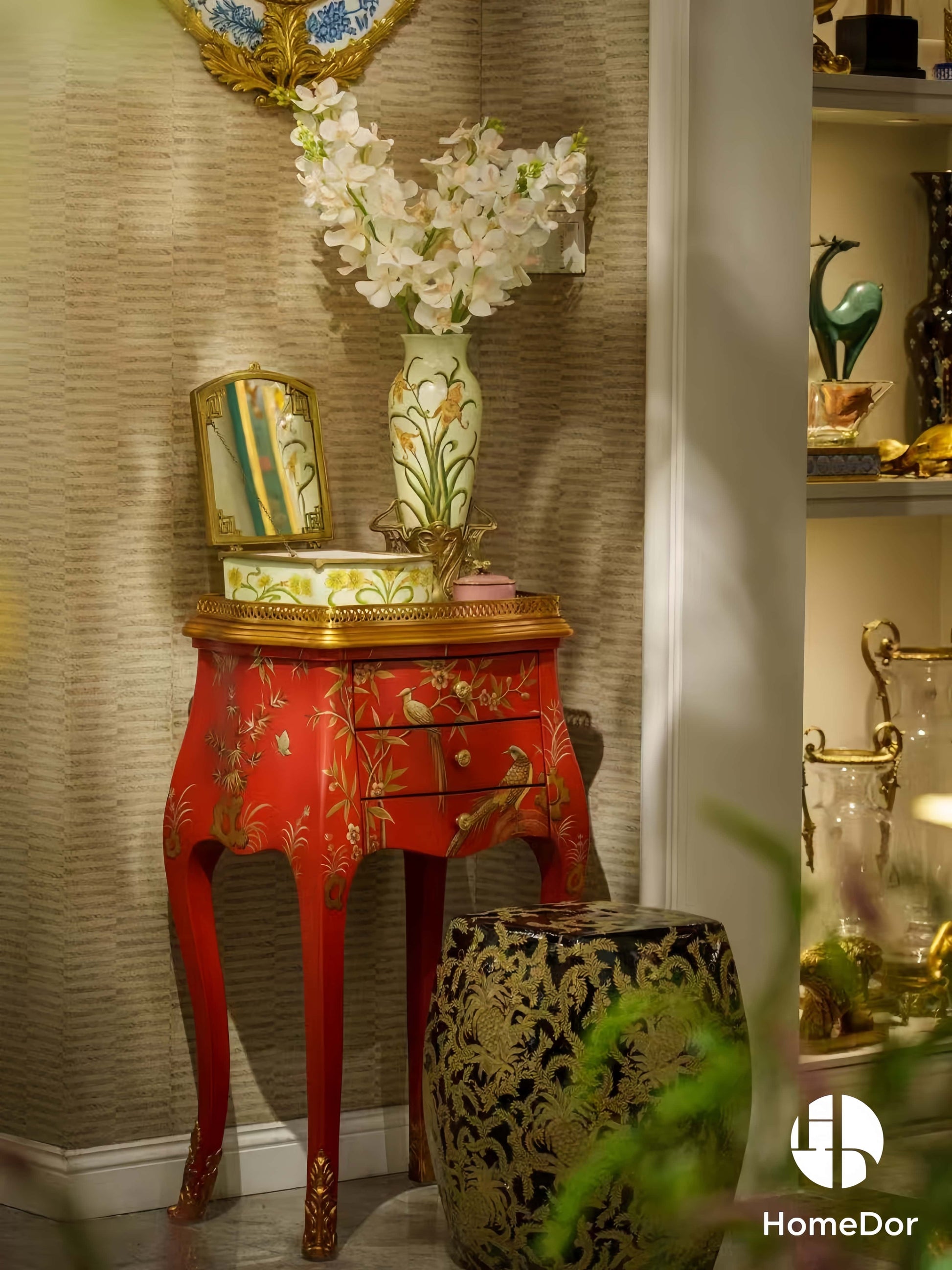 Elegant Pistachio Toned Porcelain Decor Set with Hand Painted Florals & Brass Accents6