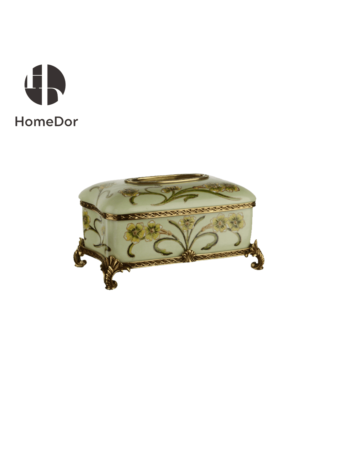 Elegant Pistachio Toned Porcelain Decor Set with Hand Painted Florals & Brass Accents7
