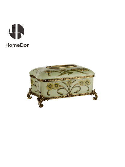 Elegant Pistachio Toned Porcelain Decor Set with Hand Painted Florals & Brass Accents7