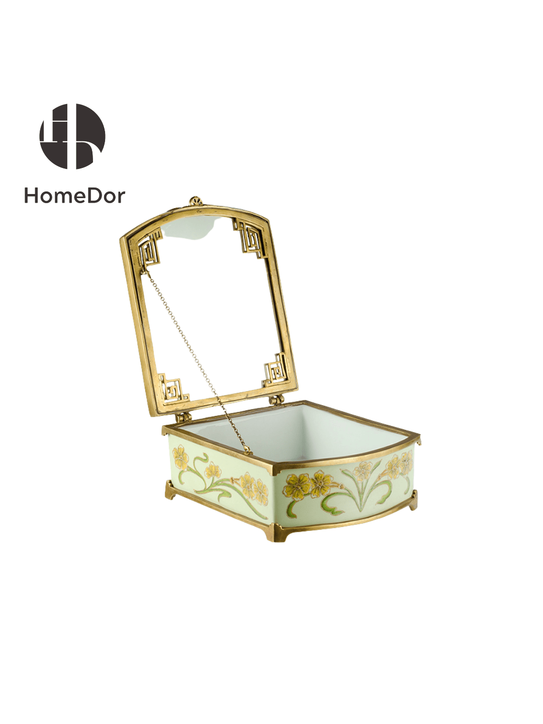 Elegant Pistachio Toned Porcelain Decor Set with Hand Painted Florals & Brass Accents8