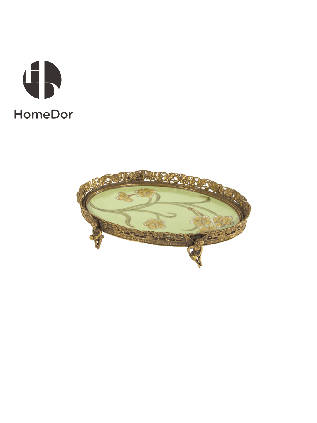 Elegant Pistachio Toned Porcelain Decor Set with Hand Painted Florals & Brass Accents9