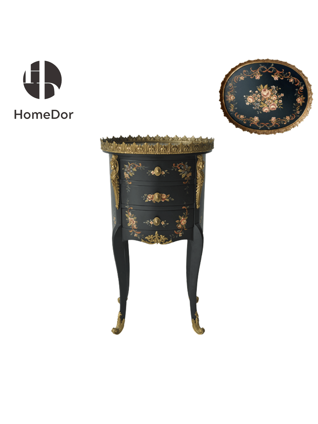 Elegant Royal Black Nightstand/Side Cabinet with Floral Paintings & Gold Embellishments
