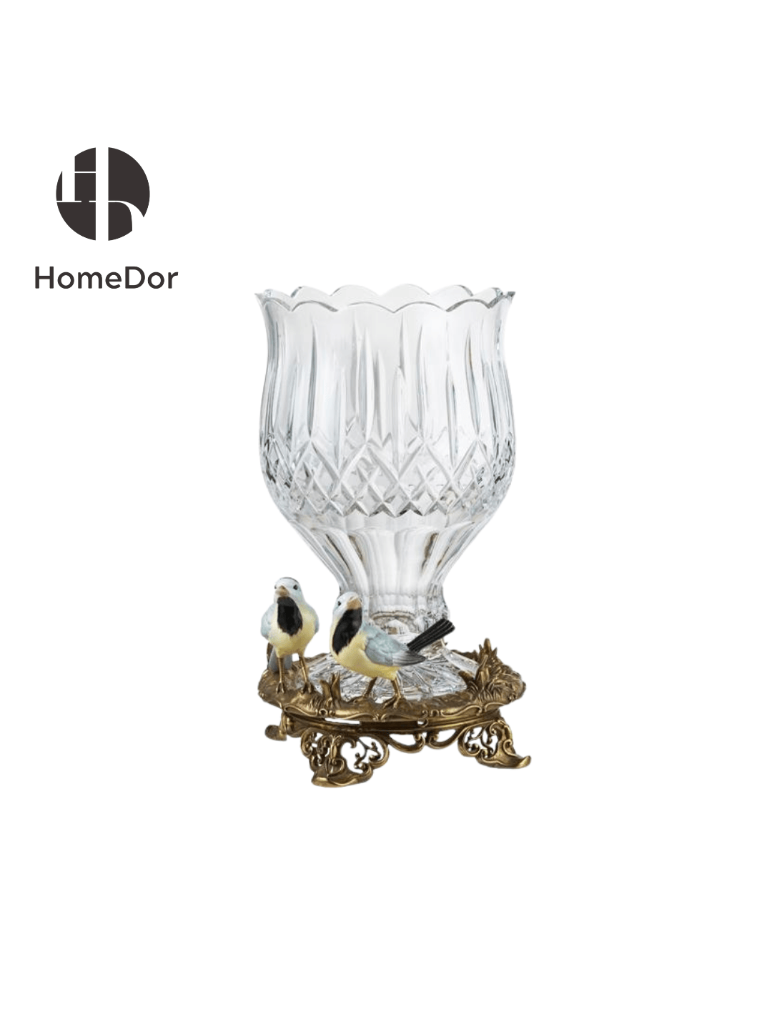 Elegant Scalloped Crystal Vase with Great Tit & Ornate Brass Base