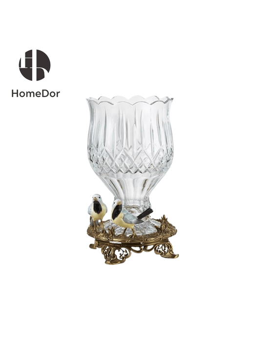 Elegant Scalloped Crystal Vase with Great Tit & Ornate Brass Base
