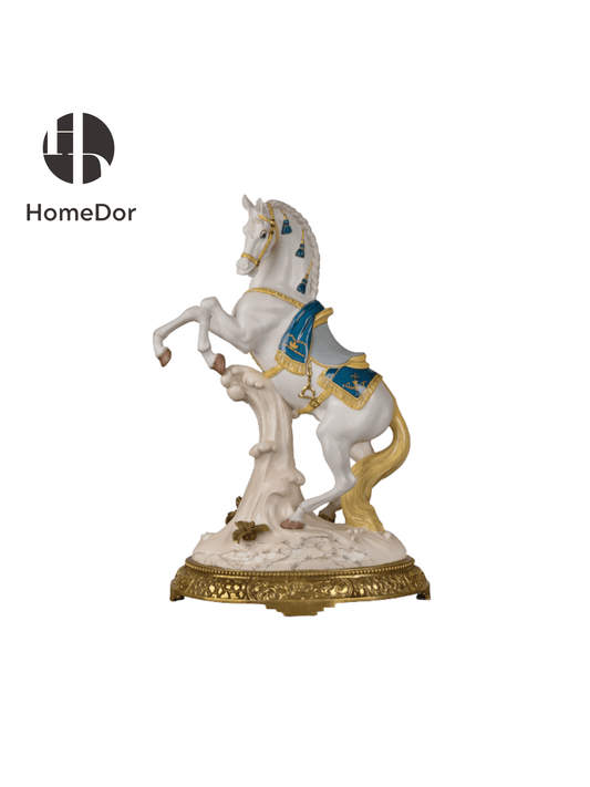 Elegant White Porcelain Horse Sculpture with Gold-Blue Enameled Saddle & Brass Base
