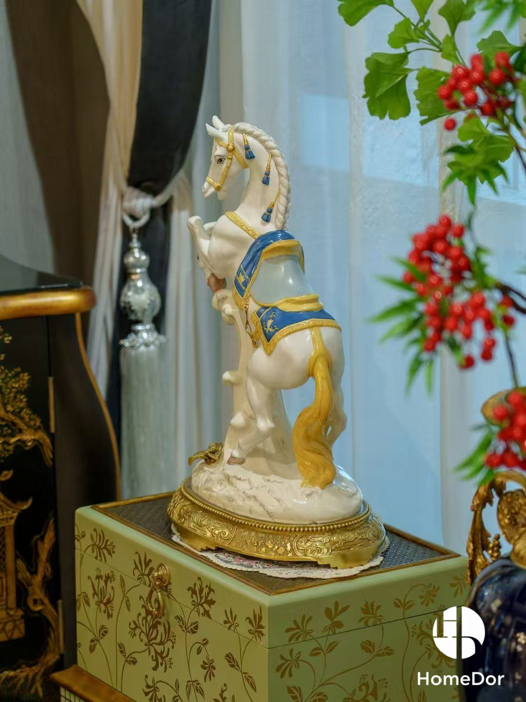 Elegant White Porcelain Horse Sculpture with Gold-Blue Enameled Saddle & Brass Base1