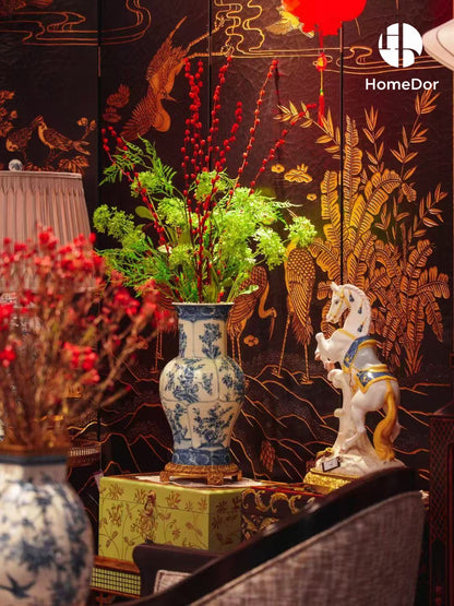 Elegant White Porcelain Horse Sculpture with Gold-Blue Enameled Saddle & Brass Base2