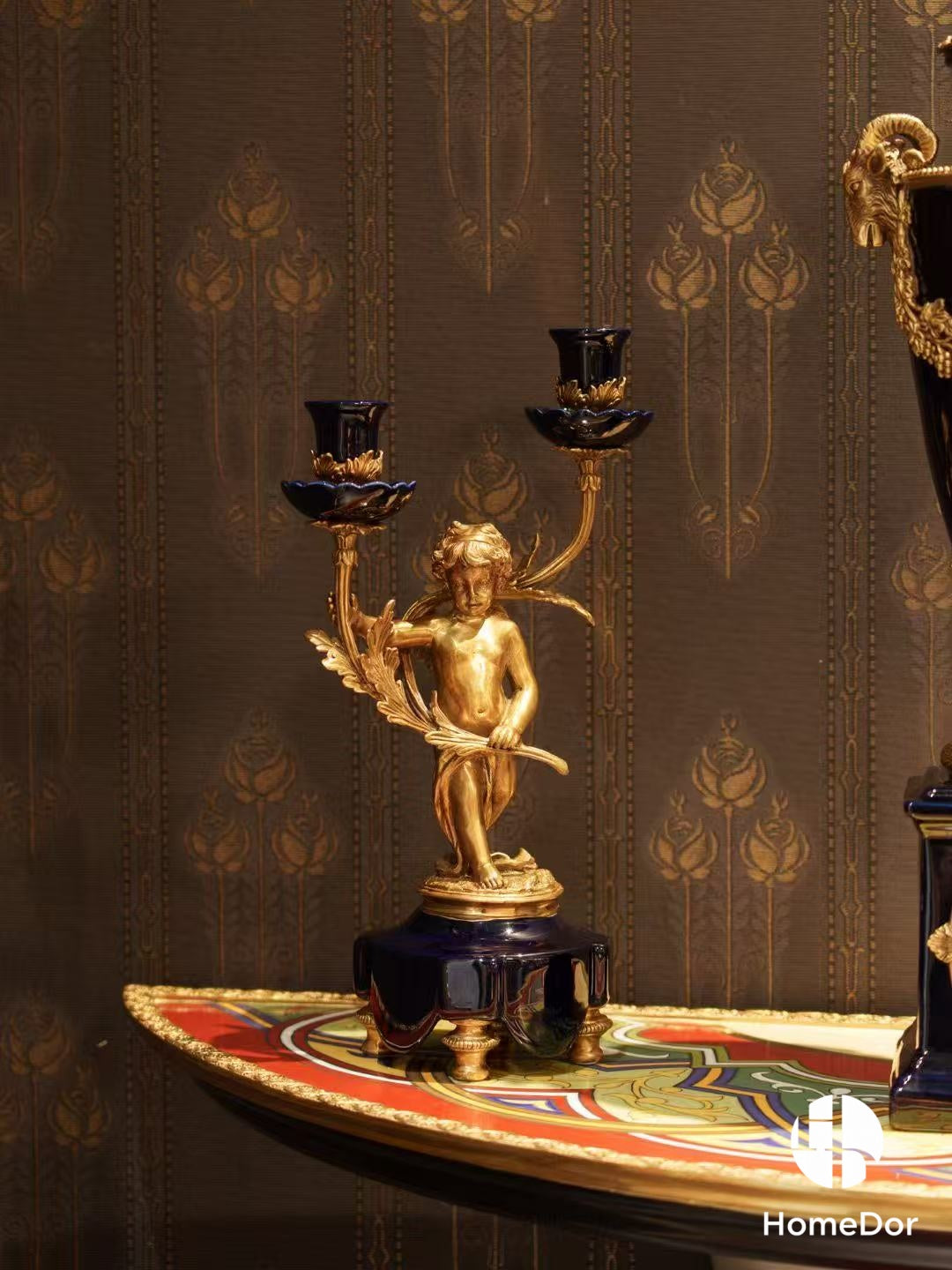 Eternal Navy Opulence Classic Luxury Brass Cherub Ceramic Twin Candle Stand
1