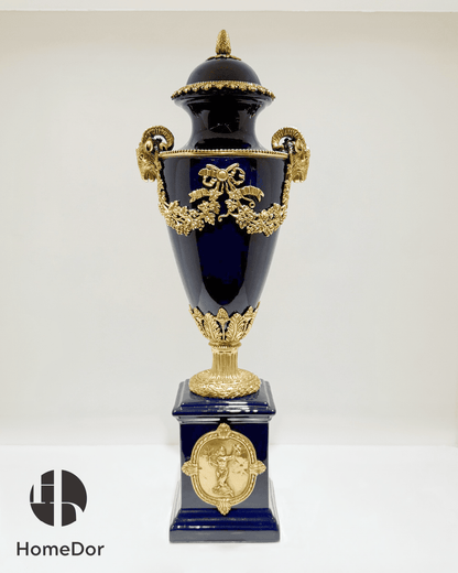HomeDor Eternal Navy Opulence Porcelain Trophy Artistic Ornament Urn/Table Decor-Vases & Vessels-L22cm X W17cm X H57cm-